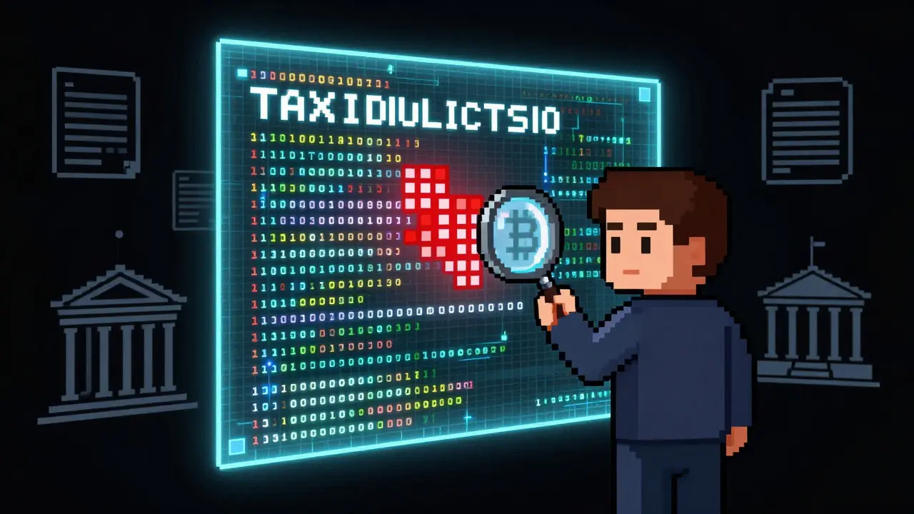 Pixel art figure inspecting glowing blockchain data for tax compliance
