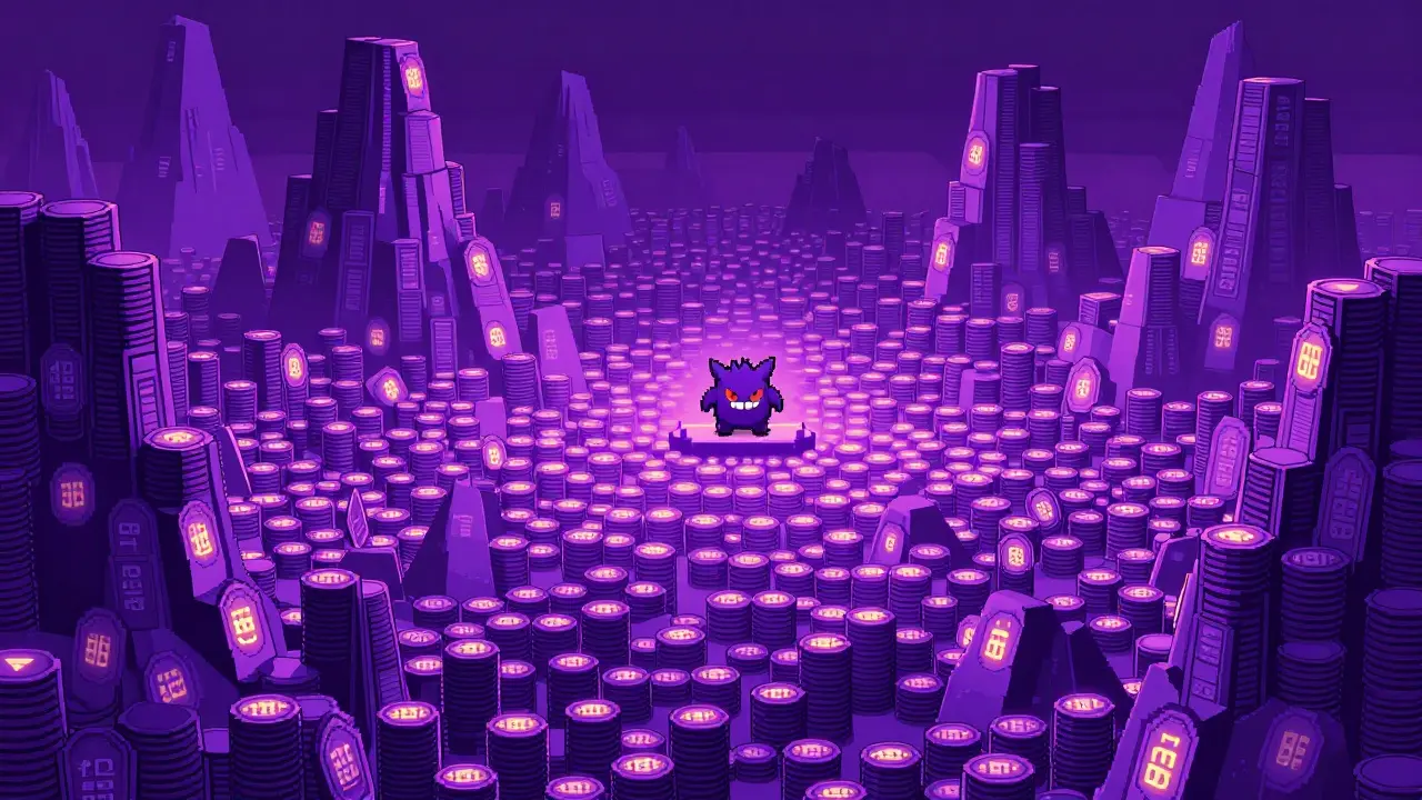 Pixel art ghost dwarfed by mountains of purple coins