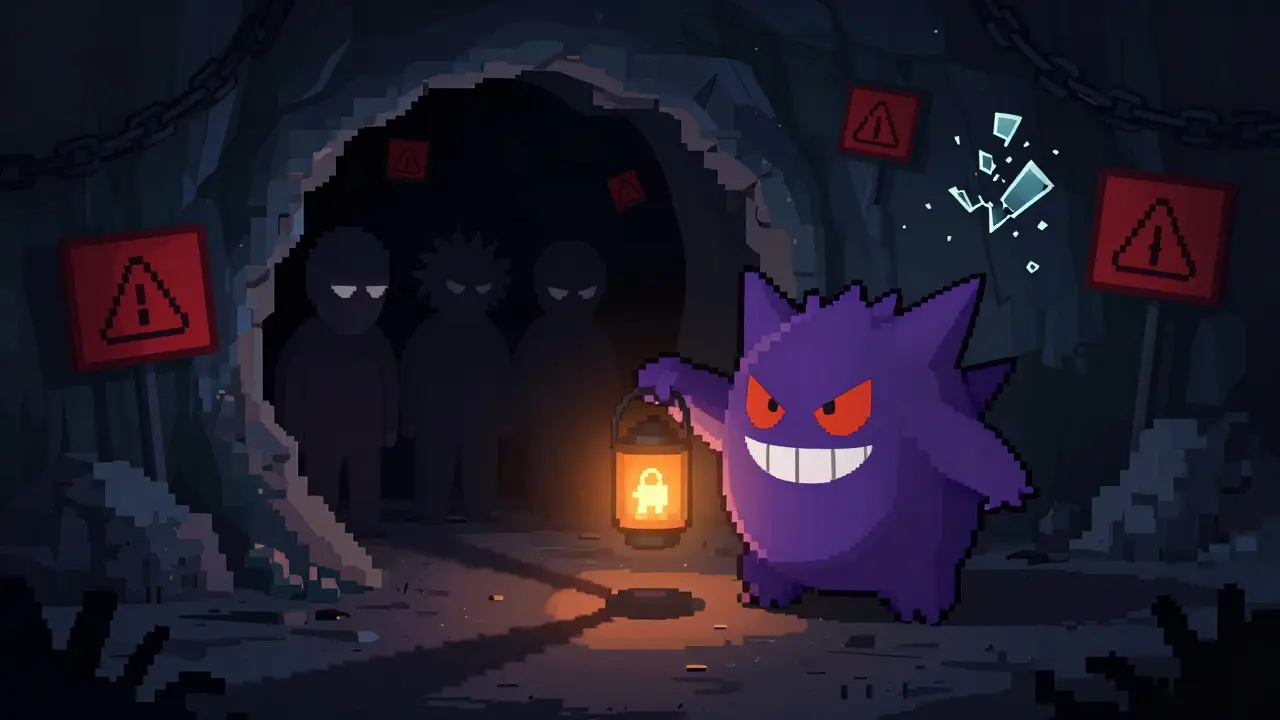 Pixel art ghost exploring a dark cave of crypto risks