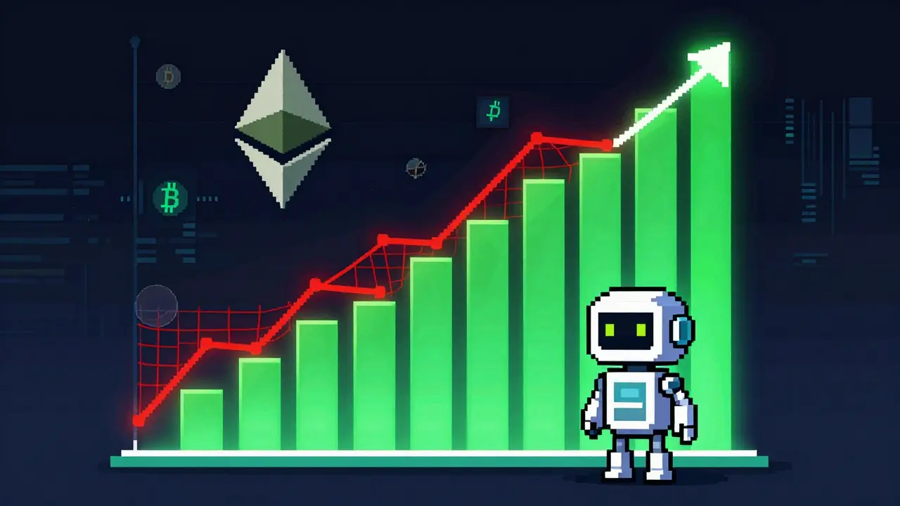 Pixel art illustration of a trailing stop line moving up with rising crypto prices