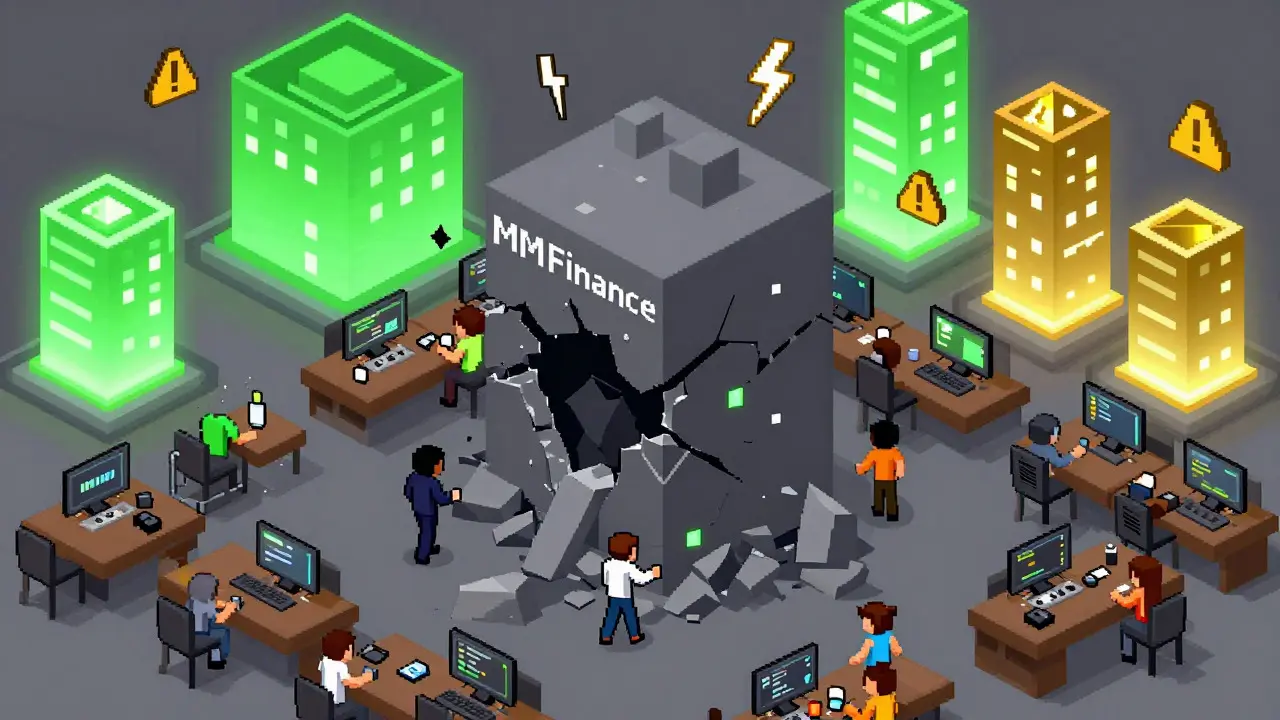 Pixel art investors fleeing a crumbling structure for brighter competitors