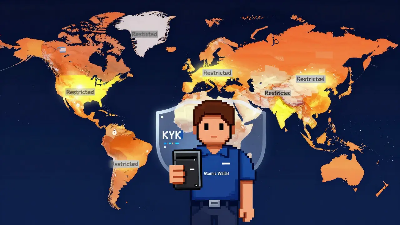 Pixel art map showing restricted countries and a secure hardware wallet