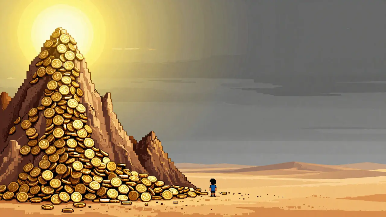 Pixel art mountain of gold coins dropping to barren desert