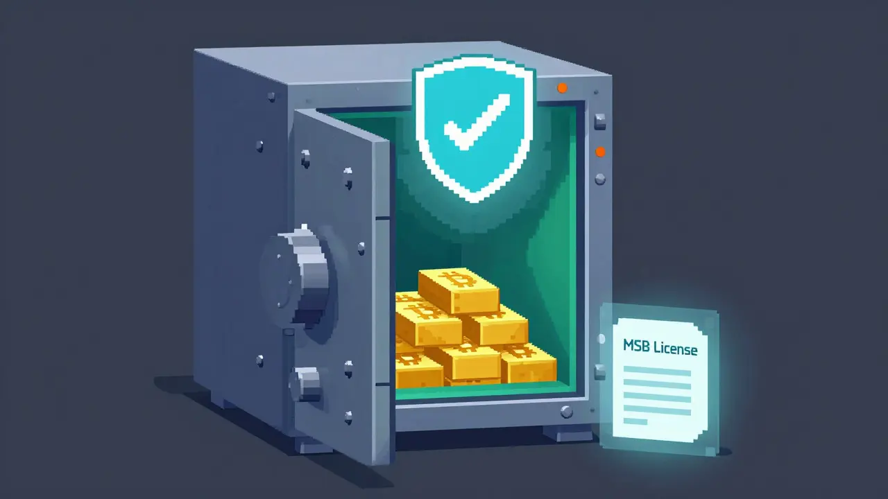 Pixel art of a digital vault with Bitcoin and a security shield icon