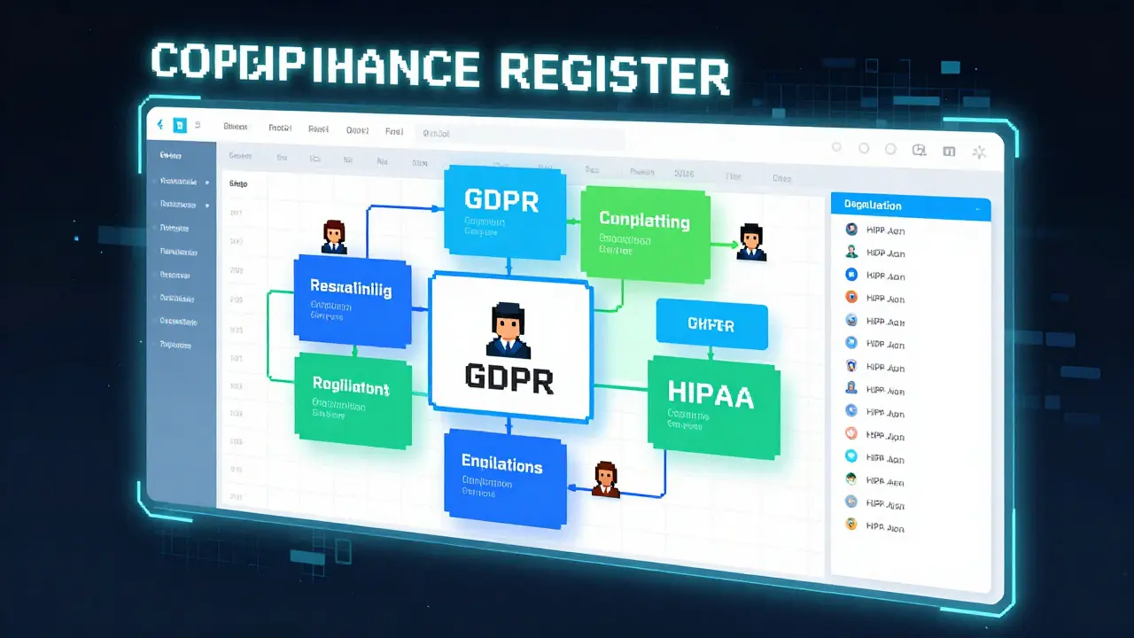 Pixel art of a dynamic, colorful digital dashboard managing compliance obligations