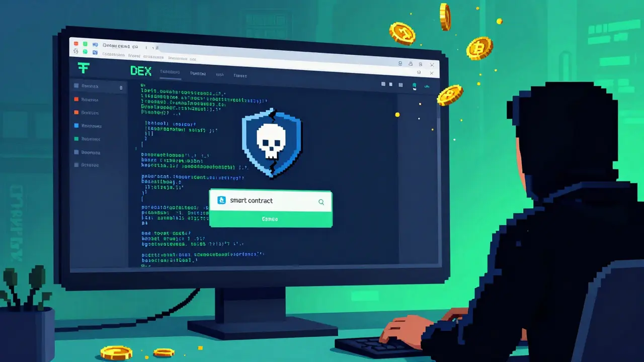 Pixel art of a hacker draining crypto from a fake exchange interface.