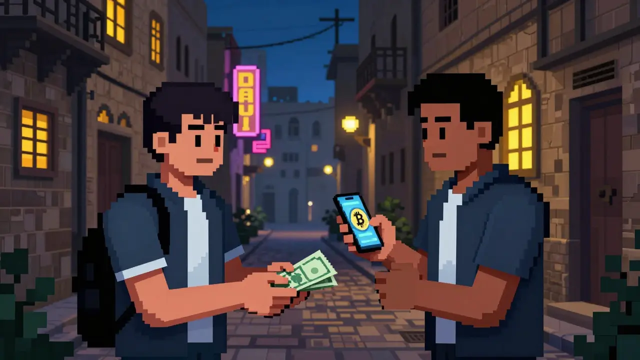 Pixel art of a peer-to-peer crypto cash exchange in a Damascus alleyway at night