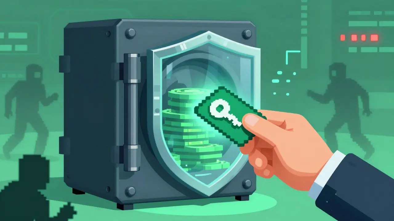 Pixel art of a secure digital vault protecting crypto assets from external threats in a DeFi environment.