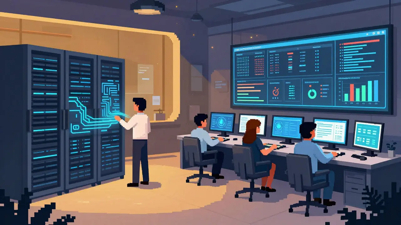 Pixel art of a team monitoring AI-driven compliance systems in a modern control room