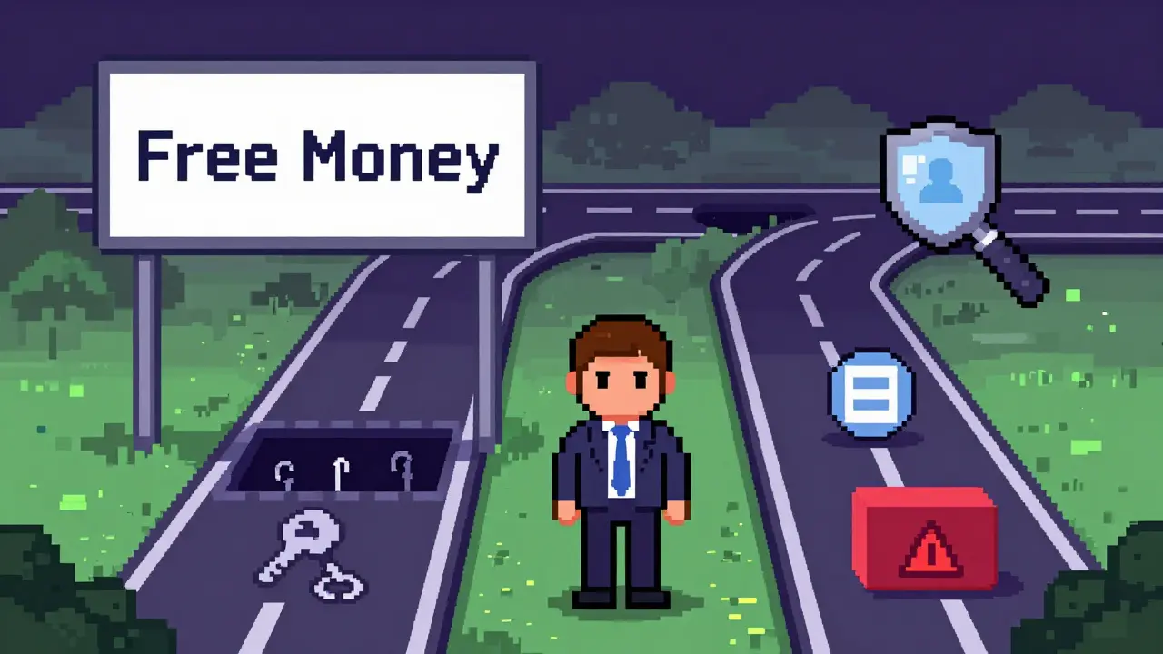 Pixel art of a user choosing a safe path over a scam trap