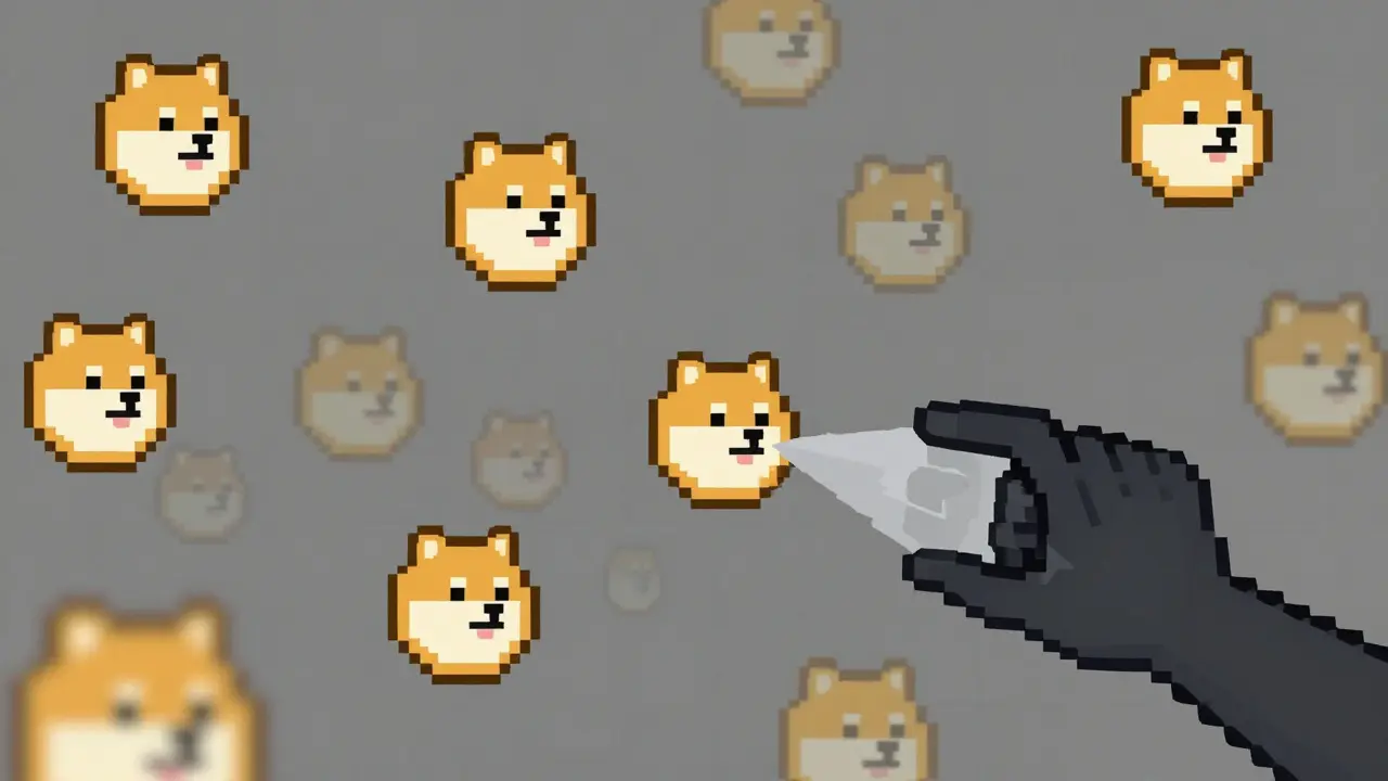Pixel art of fragmented dog tokens fading and being pulled away