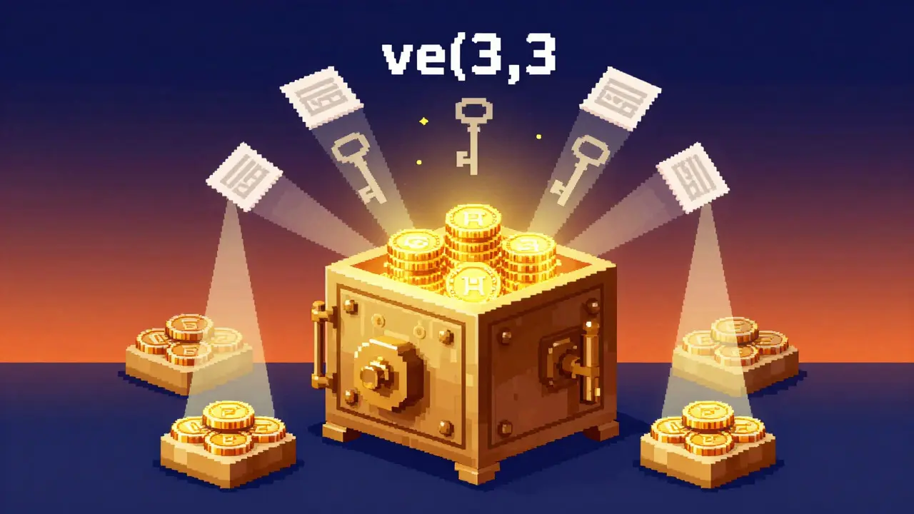 Pixel art of locked tokens in vault generating governance NFT keys