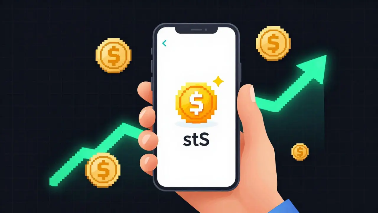 Pixel art of mobile app transforming S tokens into stS with yield indicators