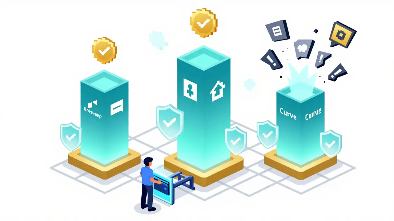 Pixel art of secure DeFi platforms protected by shields on a blockchain grid.