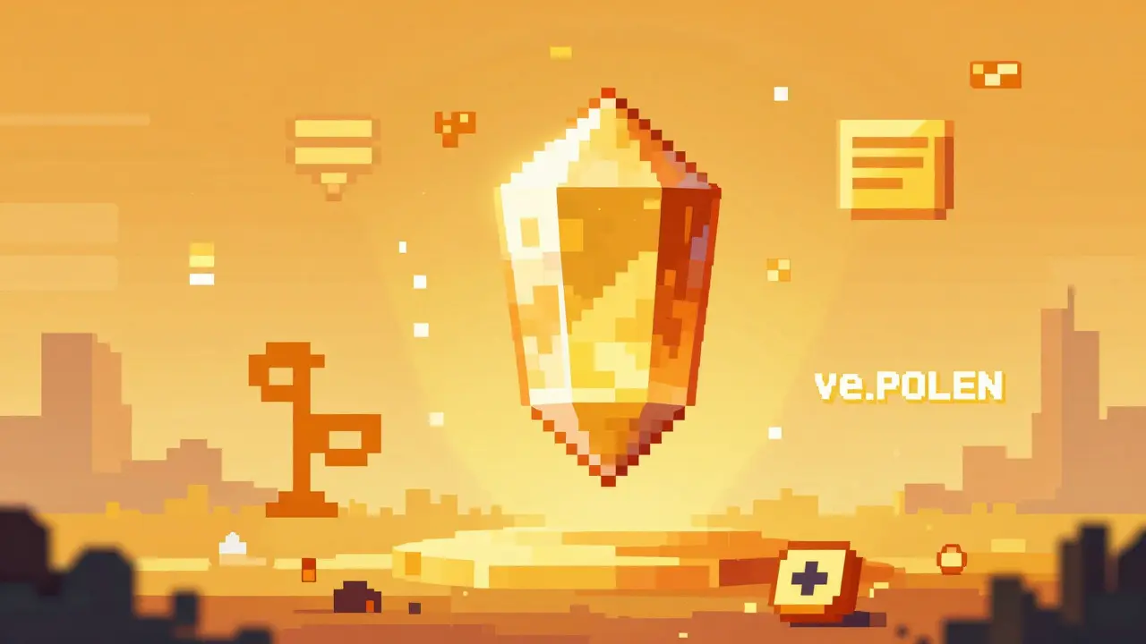 Pixel art of the POLLEN governance token as a glowing key symbolizing control