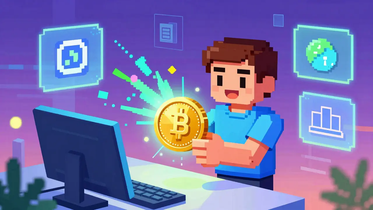 Pixel art of user converting ETH to liquid staking token in DeFi hub