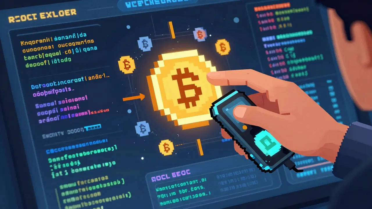 Pixel art of user recovering stuck crypto tokens via blockchain explorer