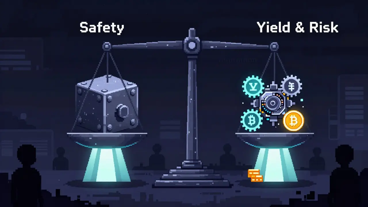 Pixel art scale weighing safety vs yield risks in liquid staking