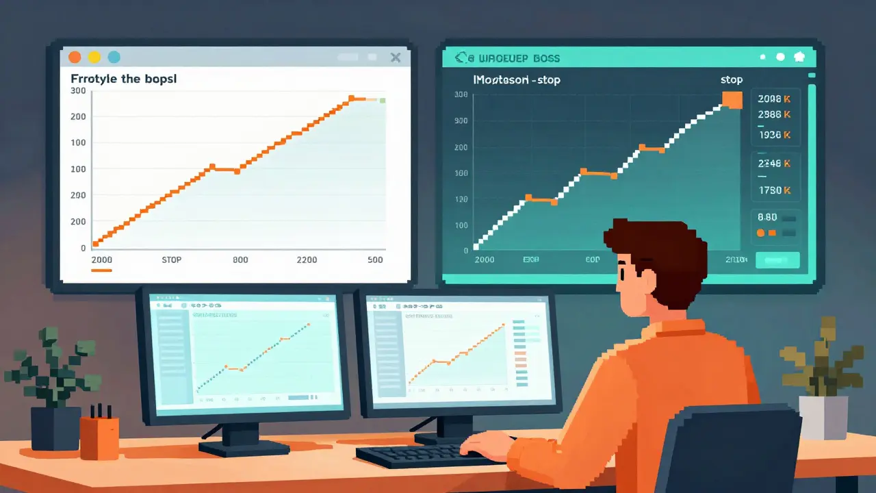 Pixel art scene of a trader using both static and trailing stop orders on screens
