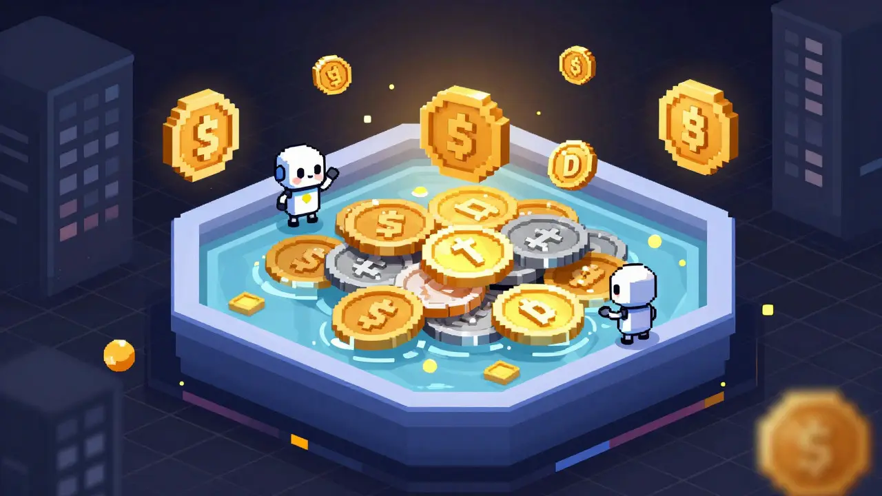 Pixel art showing a liquidity pool with coins and robots, representing stablecoin trading depth.