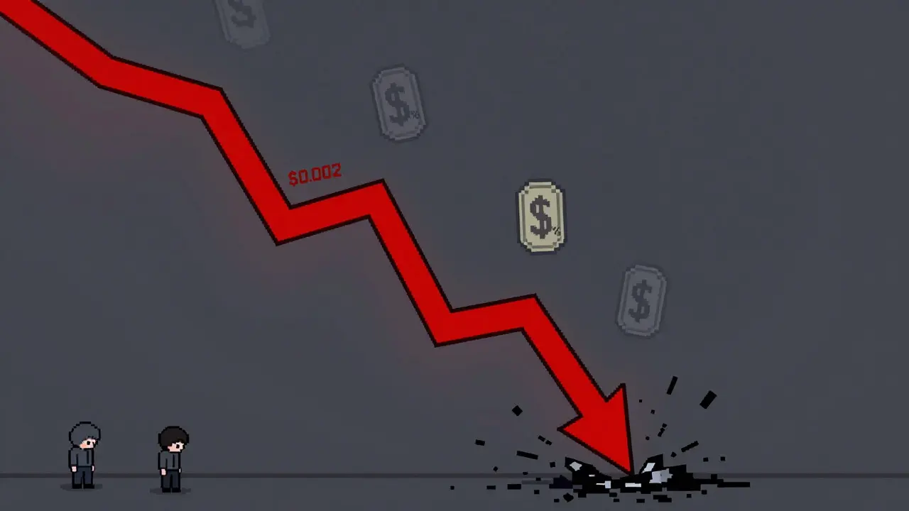 Pixel art showing a steep red graph crashing down, symbolizing value loss