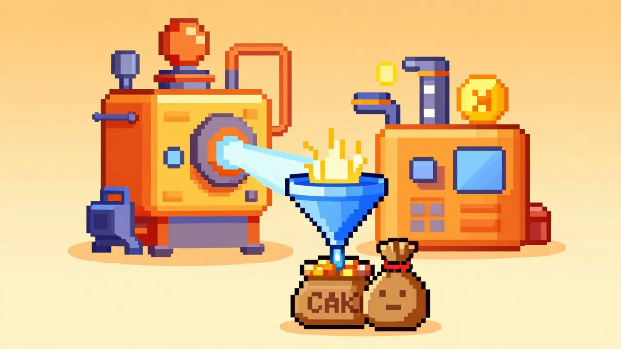 Pixel art showing BonusCake funneling rewards from PancakeSwap