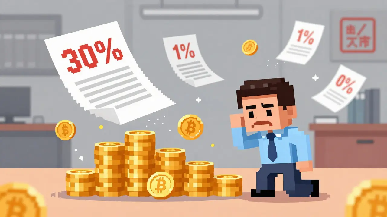 Pixel art showing crypto assets shrinking under heavy tax burdens.
