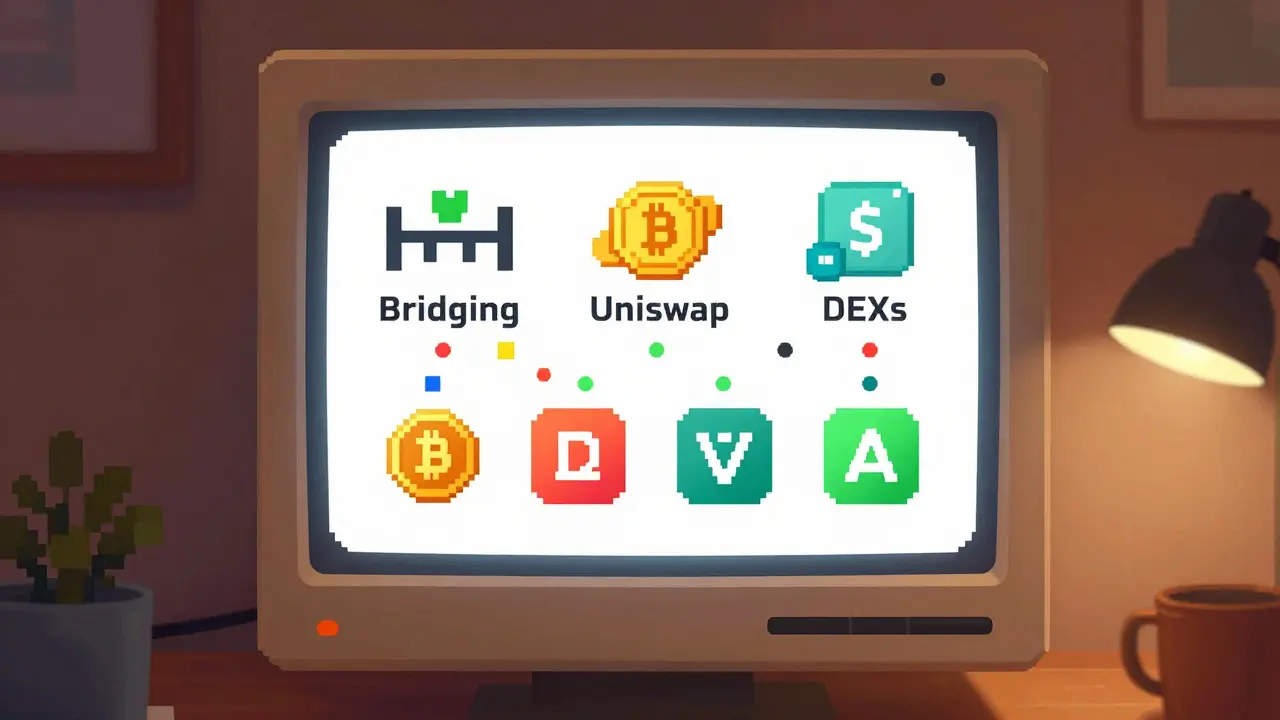 Pixel art showing crypto wallet interacting with various DeFi apps