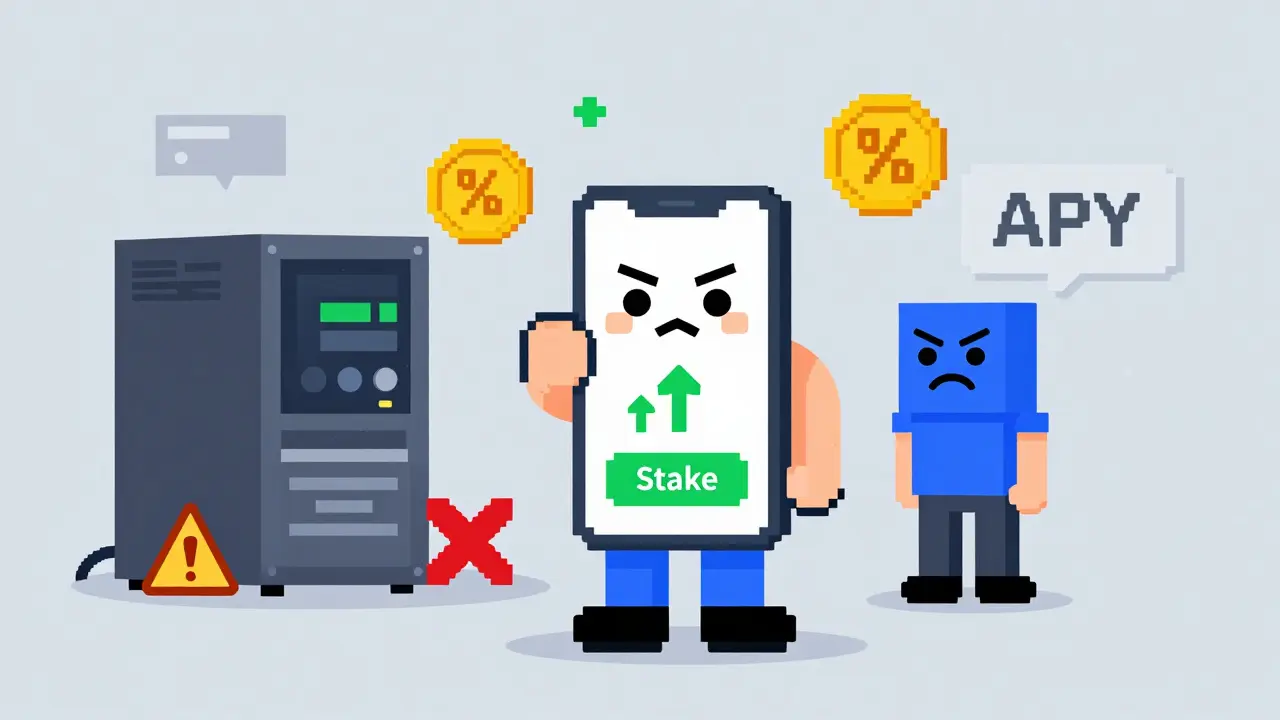 Pixel art showing easy mobile staking vs complex hardware mining