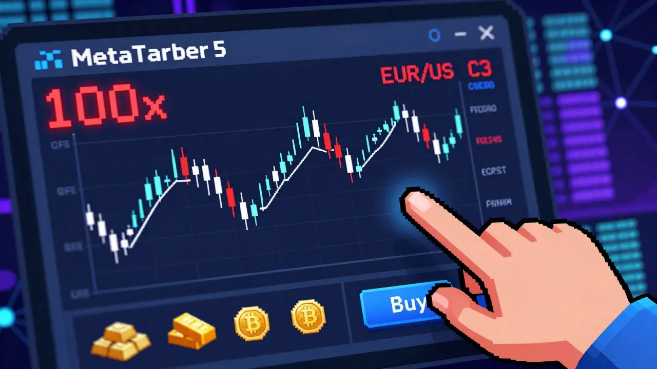 Pixel art trading interface showing high-leverage crypto and forex charts