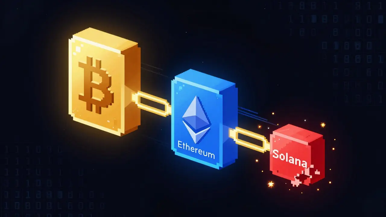Pixel art visualization of Bitcoin, Ethereum, and Solana blocks with varying stability.