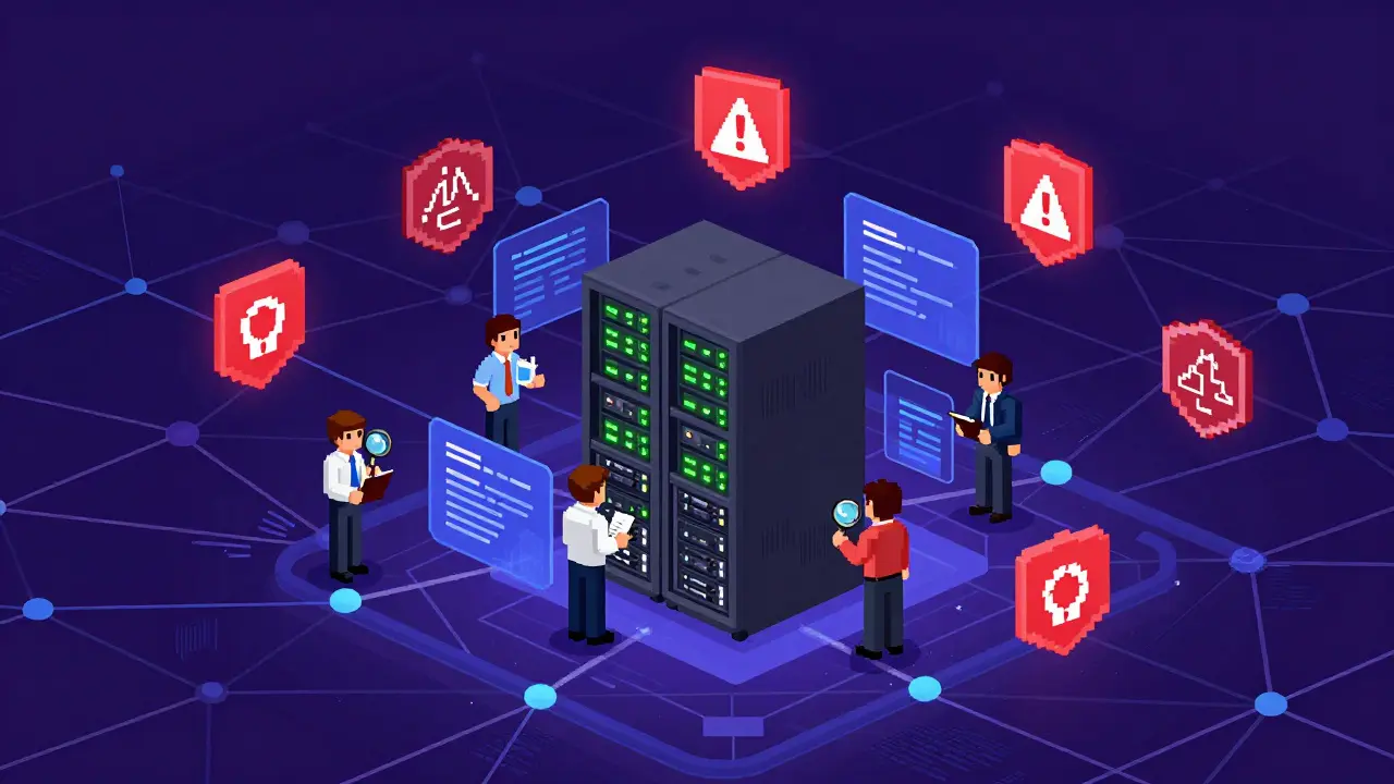 Pixel art visualization of complex financial compliance servers and sanction barriers