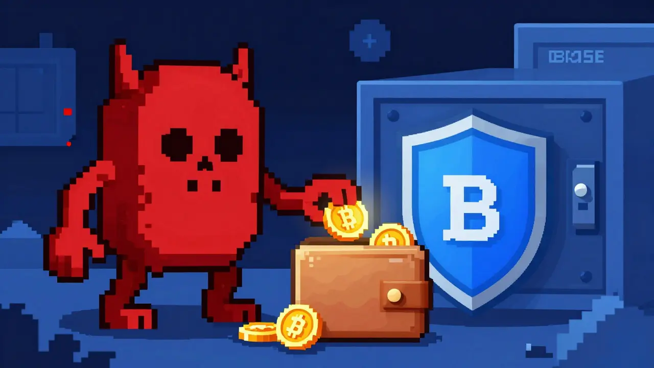 Pixel art warning of scam token stealing from a secure wallet