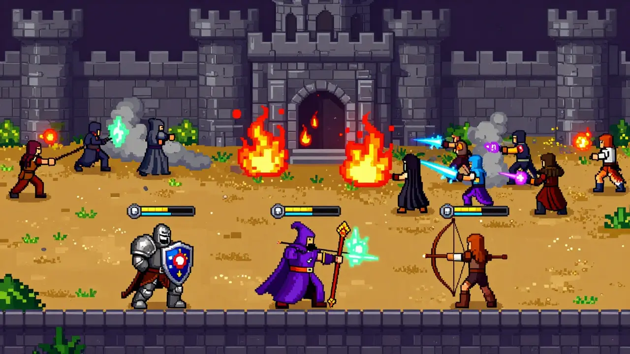 Pixel art warriors, wizards, and archers fighting in a castle siege