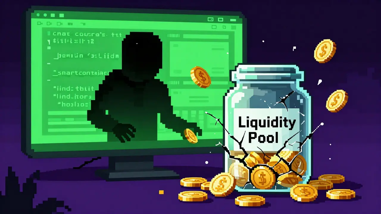 Shadowy hacker cracking open a fragile liquidity pool jar in pixel art