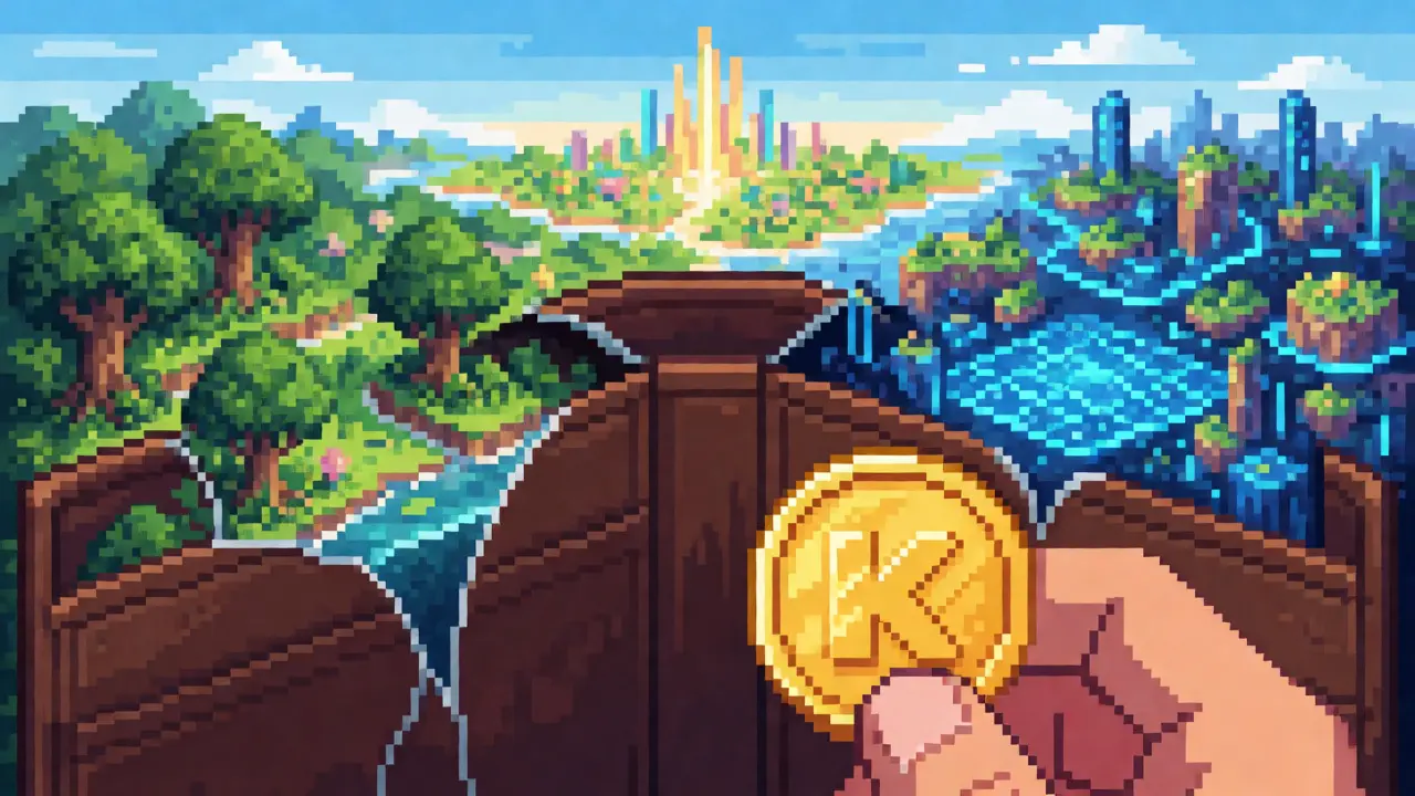 First-person pixel view of cracked wallet revealing diverse crypto landscapes