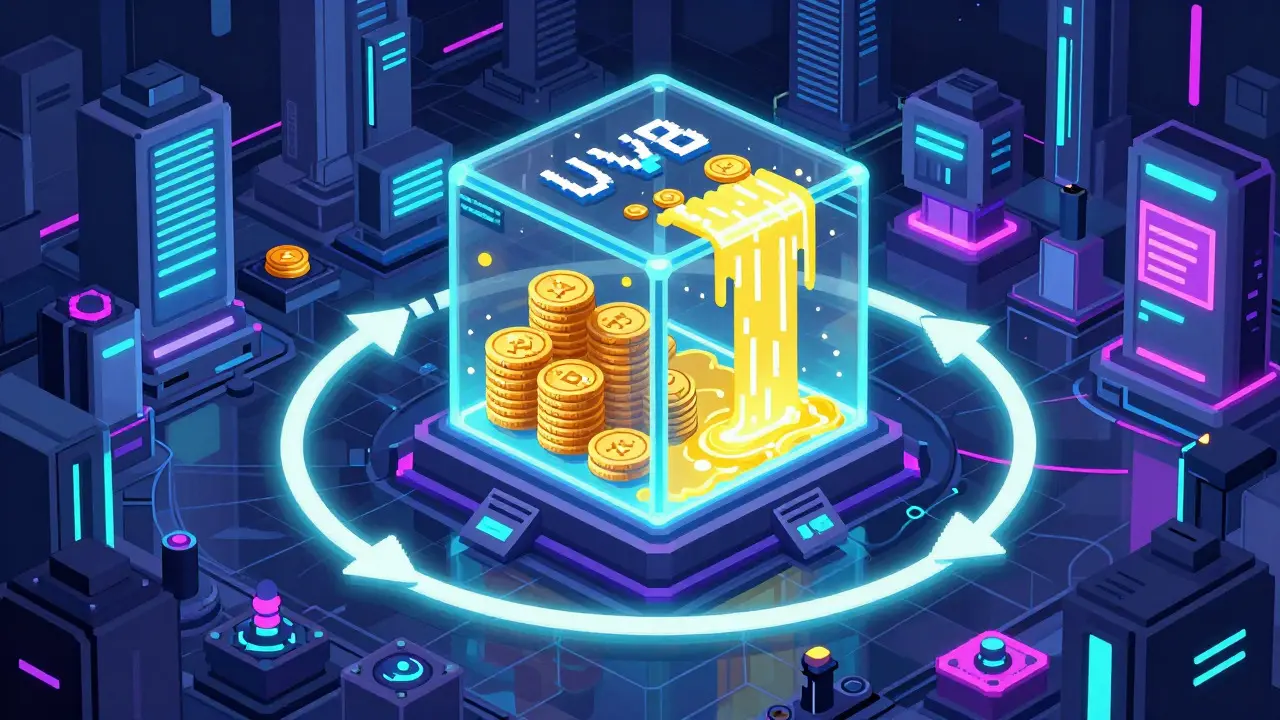 Isometric pixel art of a decentralized lending hub connecting borrowers and lenders with light streams.