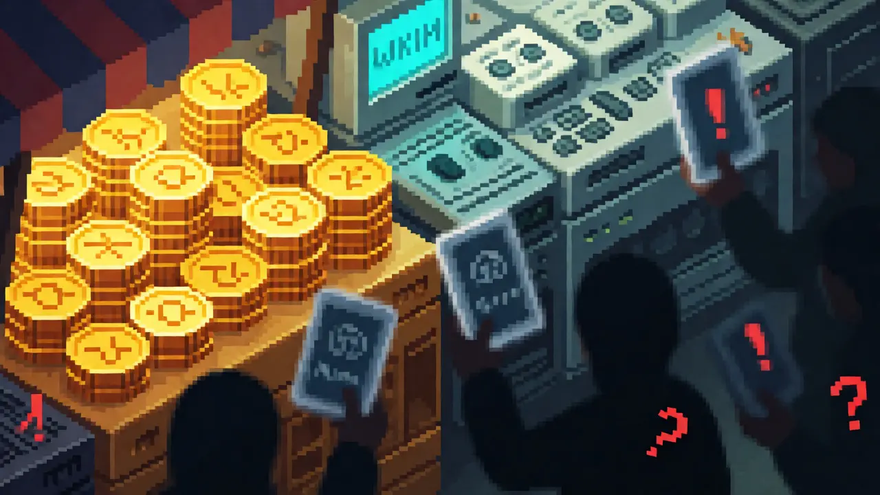 Isometric pixel market comparing solid gold coins with shady token stalls