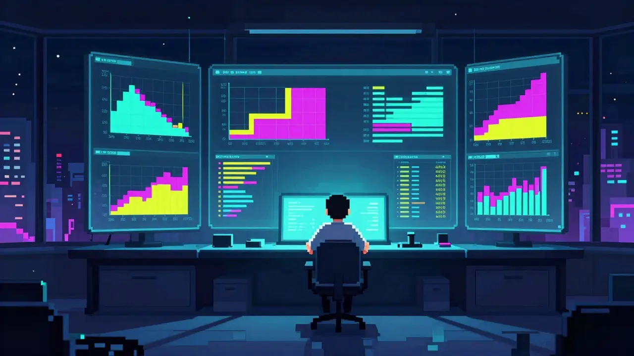 Pixel art analyst viewing abstract data visualizations in a futuristic control room