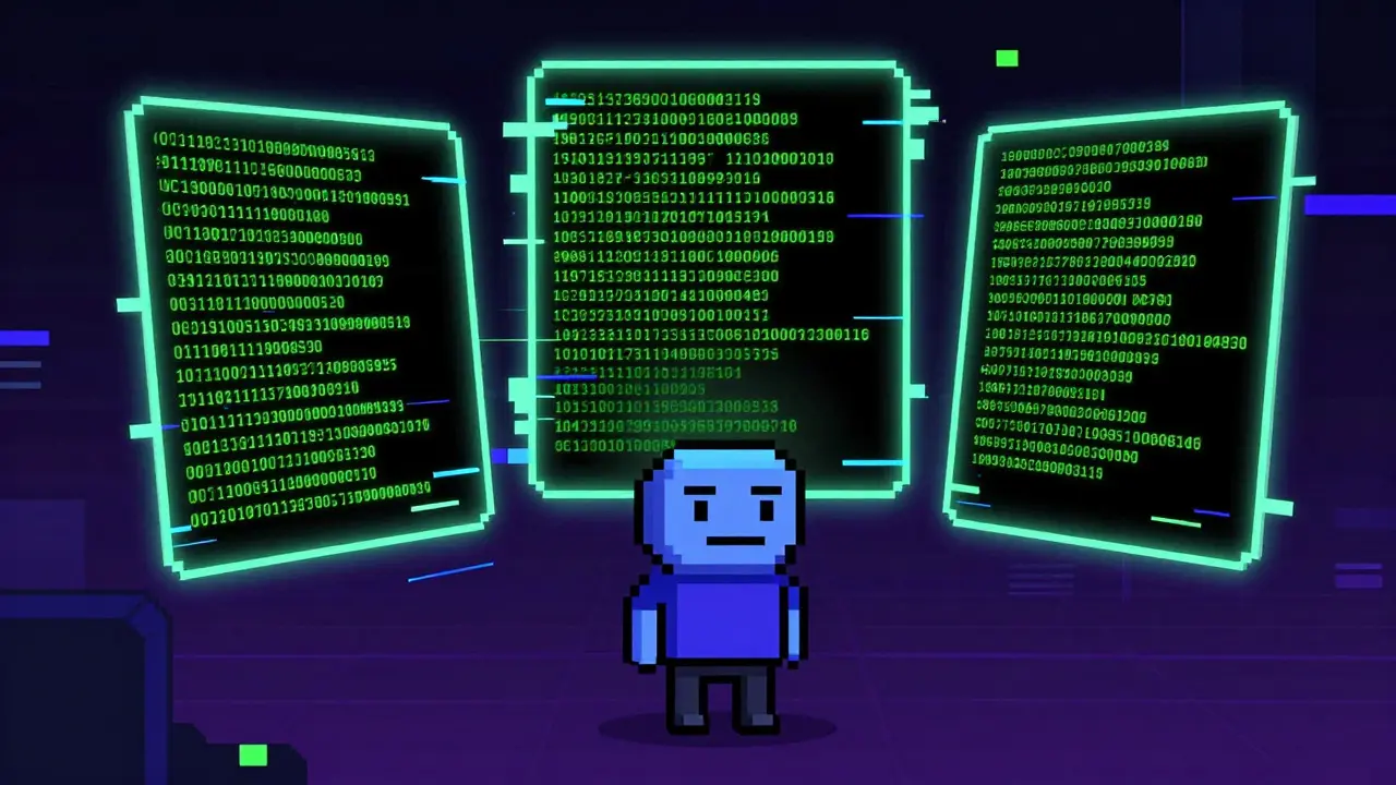 Pixel art character confused by multiple conflicting crypto contract screens.