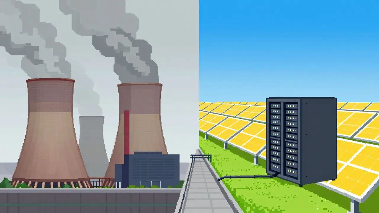 Pixel art comparing coal plants and solar farms for energy transition