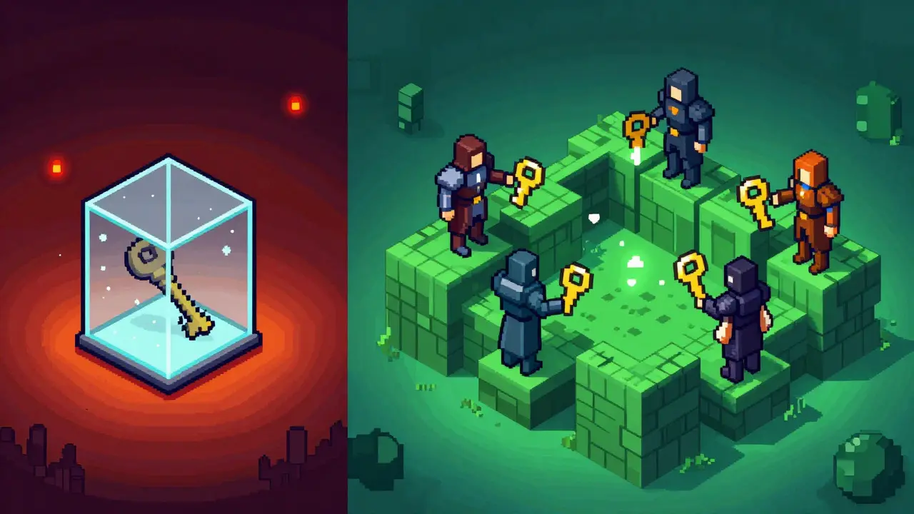 Pixel art comparison of a single-key risk versus a multi-party security fortress
