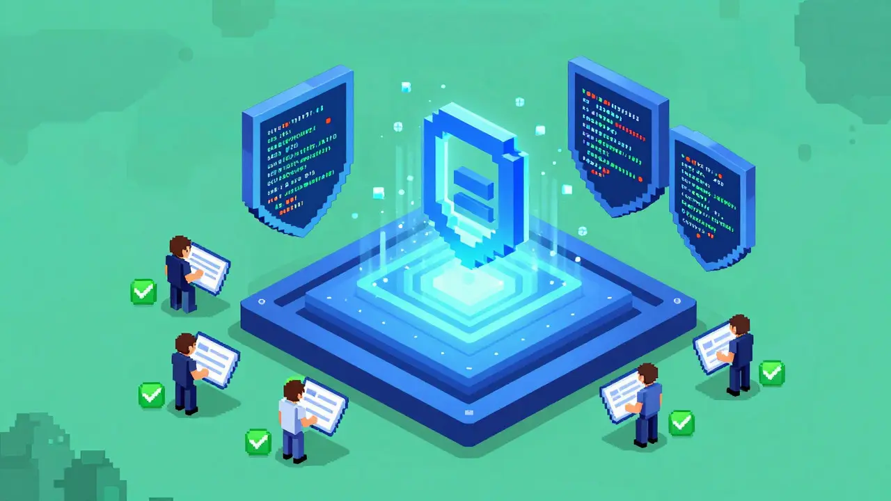 Pixel art depicting a secure smart contract core with user verification shields