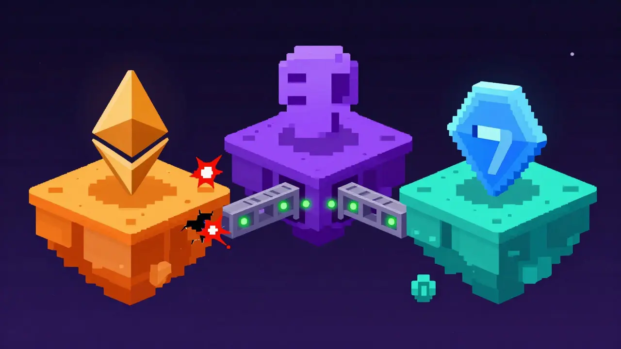 Pixel art depicting cross-chain NFT bridges and interoperability issues