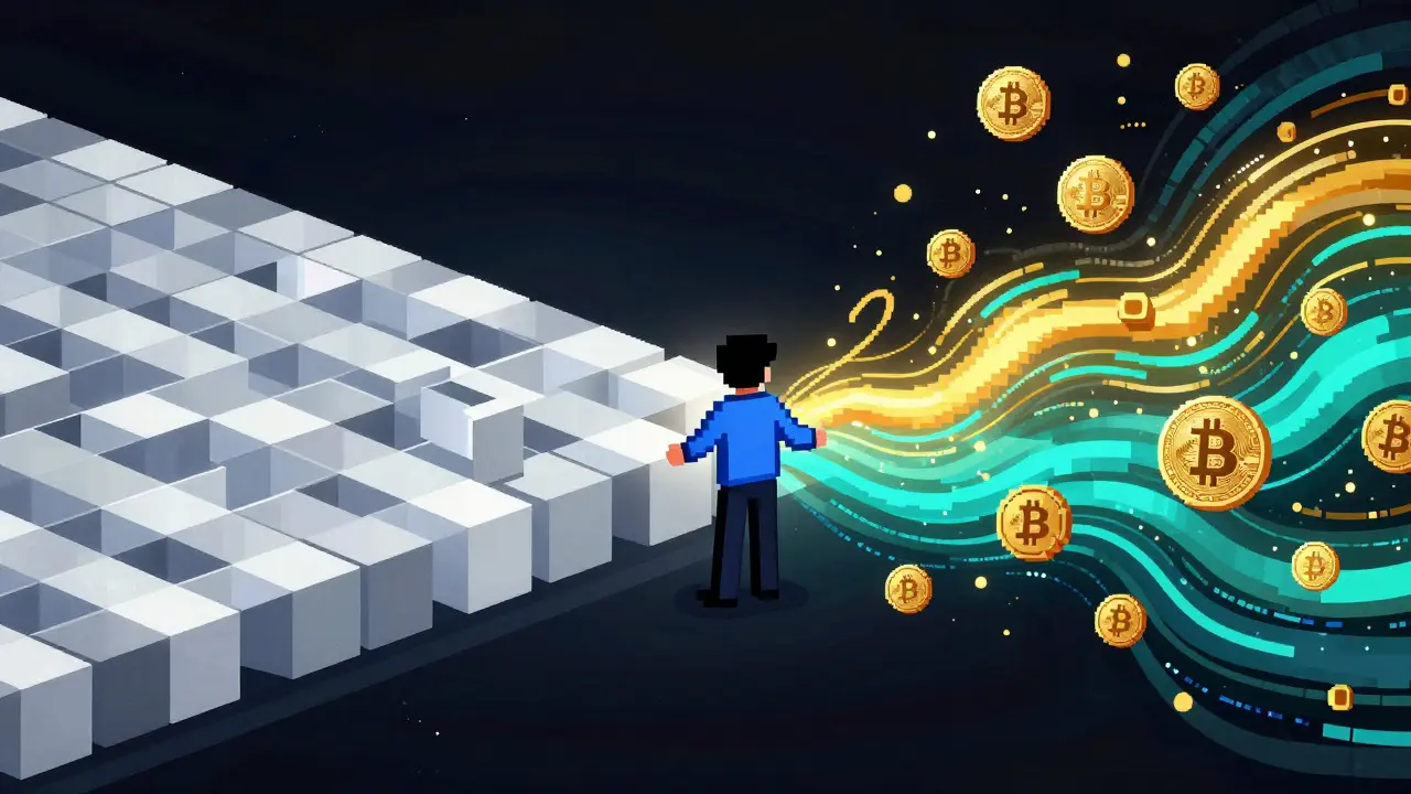 Pixel art depicting the Digital Ruble and private cryptocurrencies coexisting.