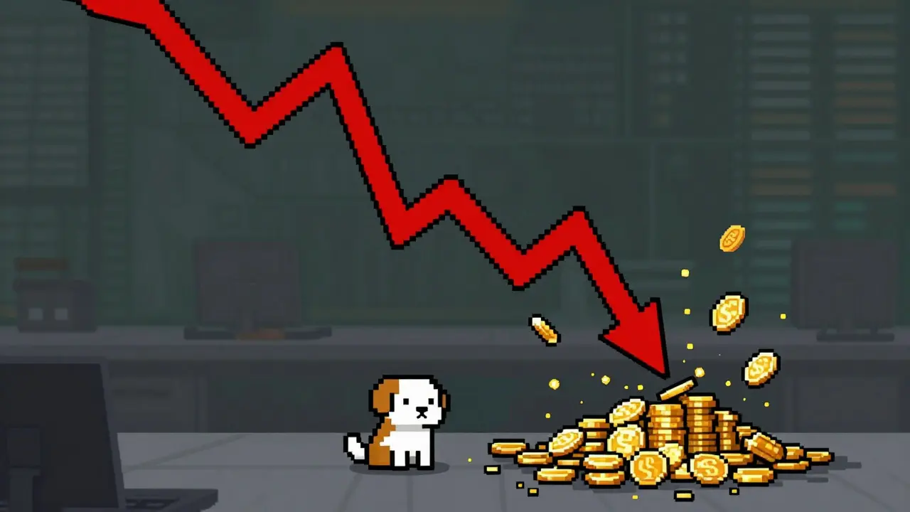 Pixel art graph crashing down with coins turning to dust and a sad dog.