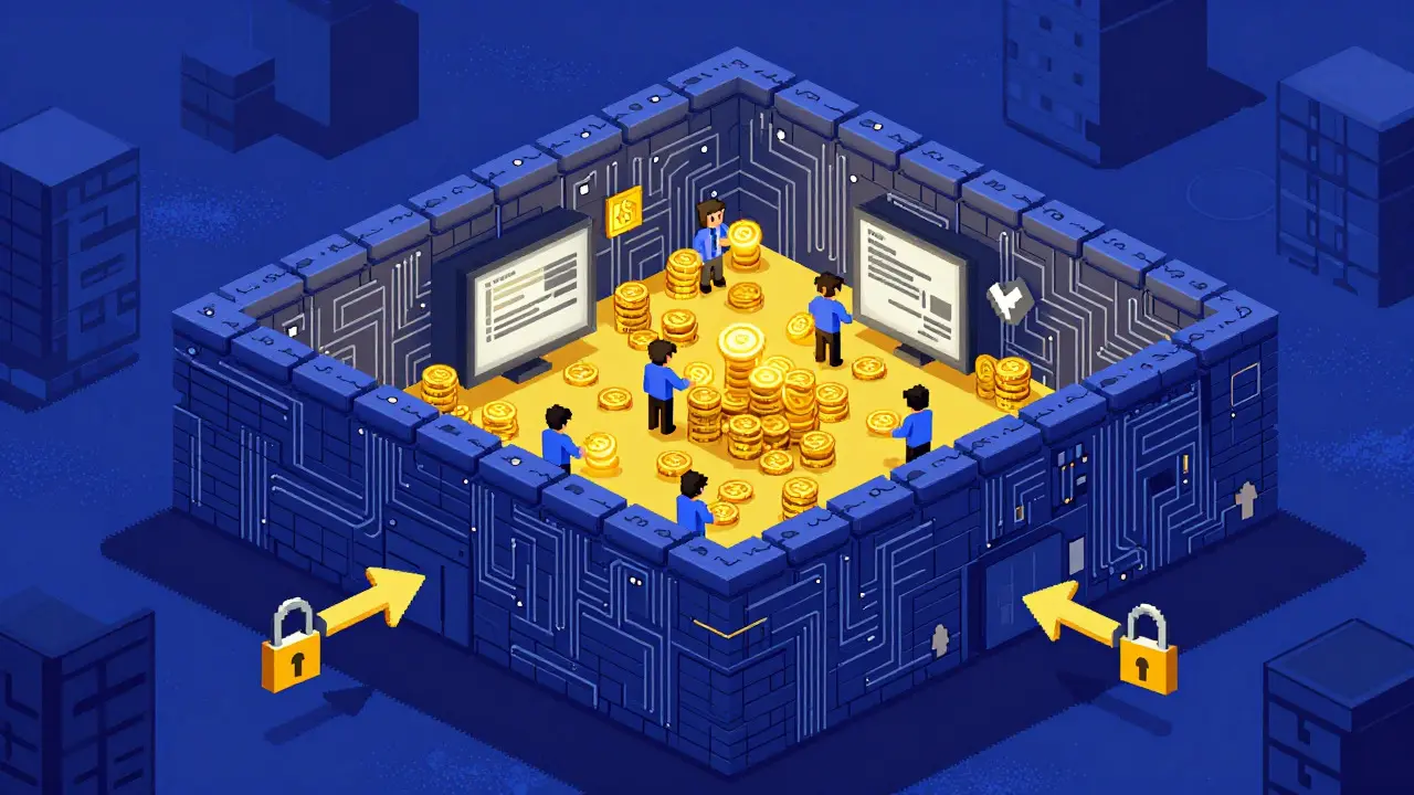 Pixel art illustrating capital controls trapping money in a walled garden
