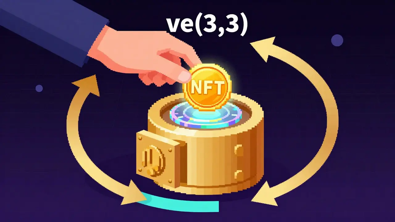 Pixel art illustrating ve(3,3) token locking and rewards