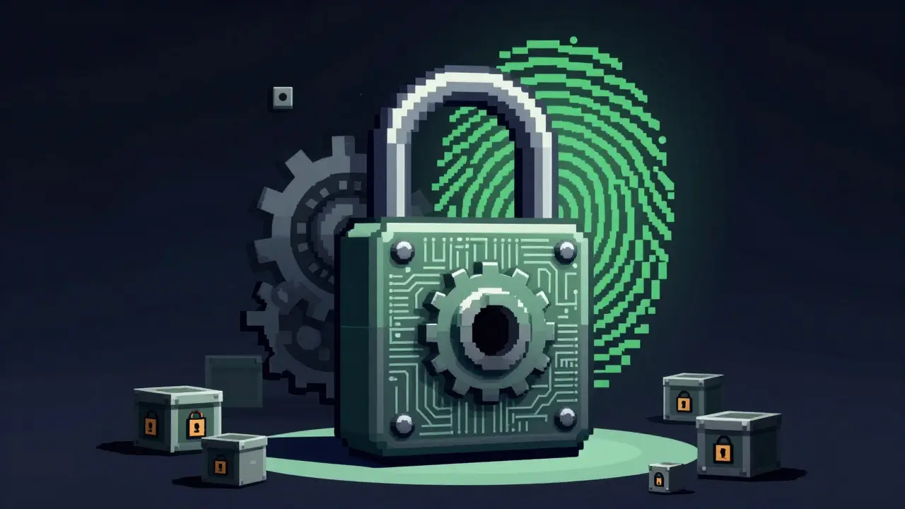 Pixel art illustration of a complex digital lock protecting a fingerprint