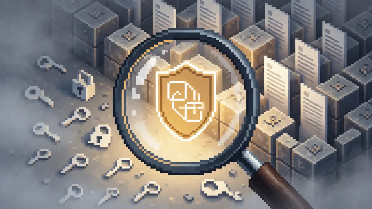 Pixel art magnifying glass revealing secure shield amidst chaotic maze